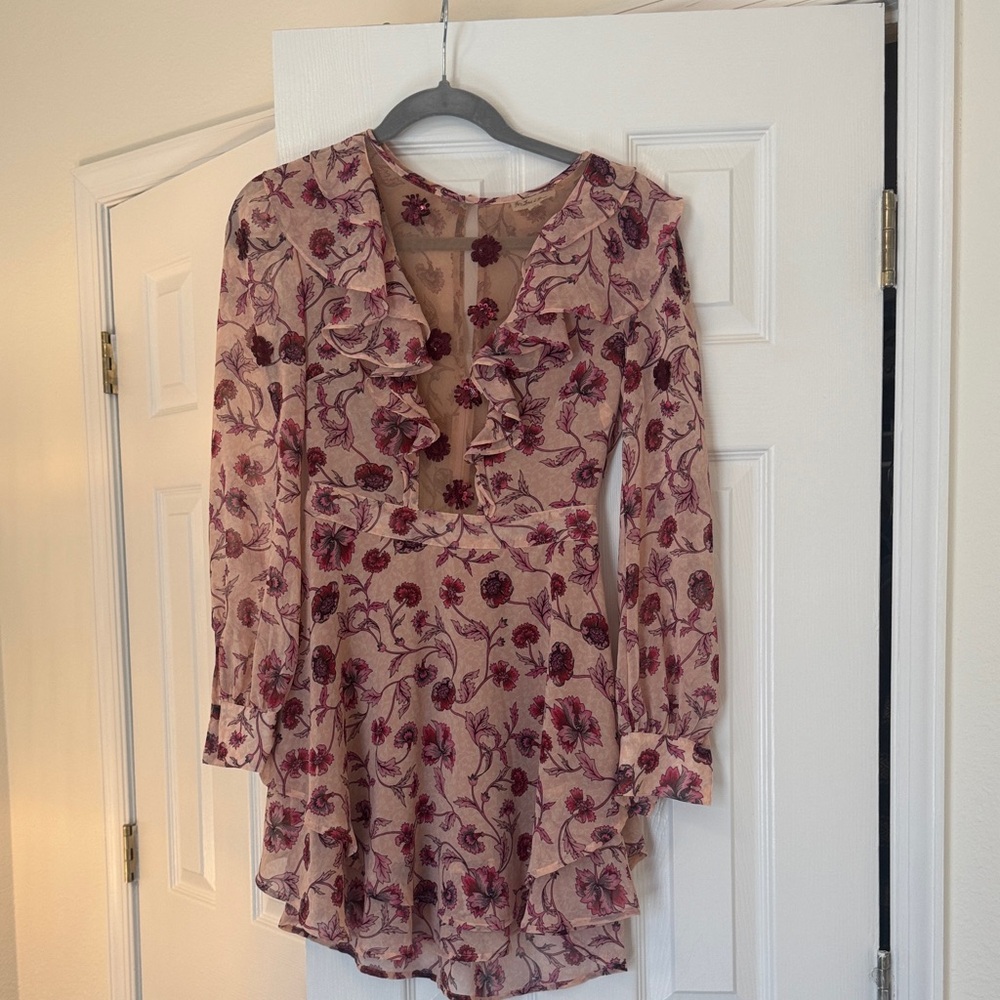 For Love & Lemons Agnes Floral Embroidery Plunge Mini Dress in Pink - XS